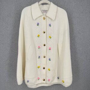Knit Fashion VTG 50s Knit Cape Poncho One Size White Floral Embroidered Cottage